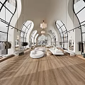 Bright Modern High End Clothing Store With Arched Windows Wood Flooring And Cozy Lounge Area