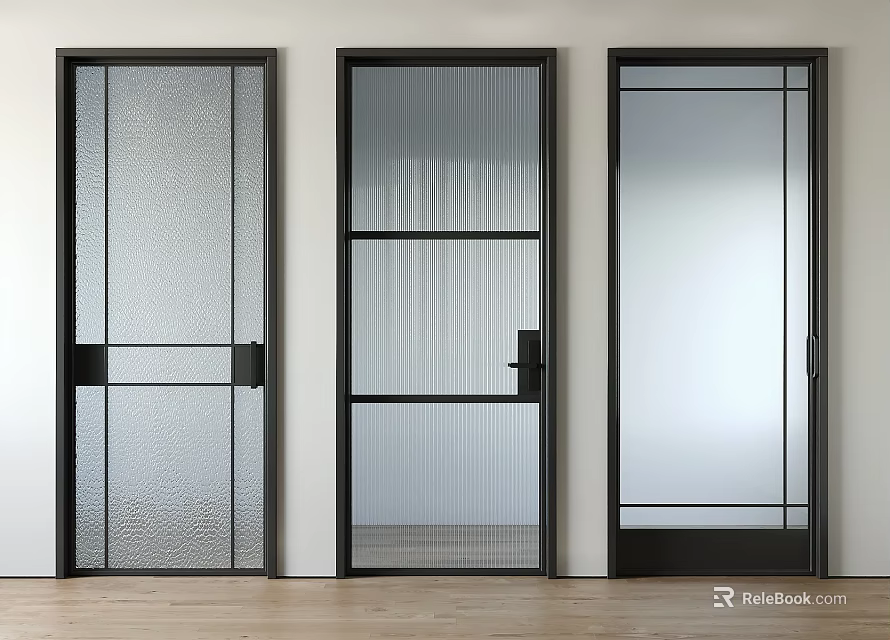 Modern Black Frame Swing Doors with Textured Glass Panels and Sleek Design 3d model 