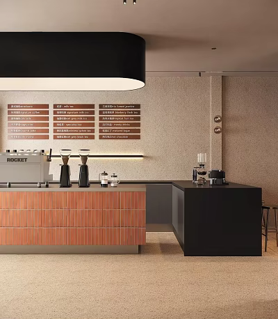 Modern Cafe Interior With Wooden Counter Coffee Machine And Menu Boards 3d model