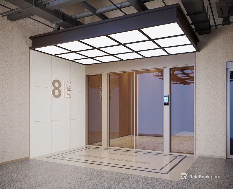 Facade Entrance Area With Elevator Doors Overhead Lighting Light Stone Tiles And Number 8 Signage 3d model 