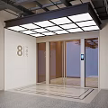 Facade Entrance Area With Elevator Doors Overhead Lighting Light Stone Tiles And Number 8 Signage