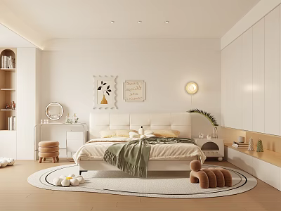 Modern White Minimalist Bedroom Interior Design With Large Bed Round Rug Bookshelf And Wall Lamp 3d model