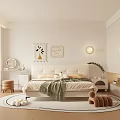 Modern White Minimalist Bedroom Interior Design With Large Bed Round Rug Bookshelf And Wall Lamp