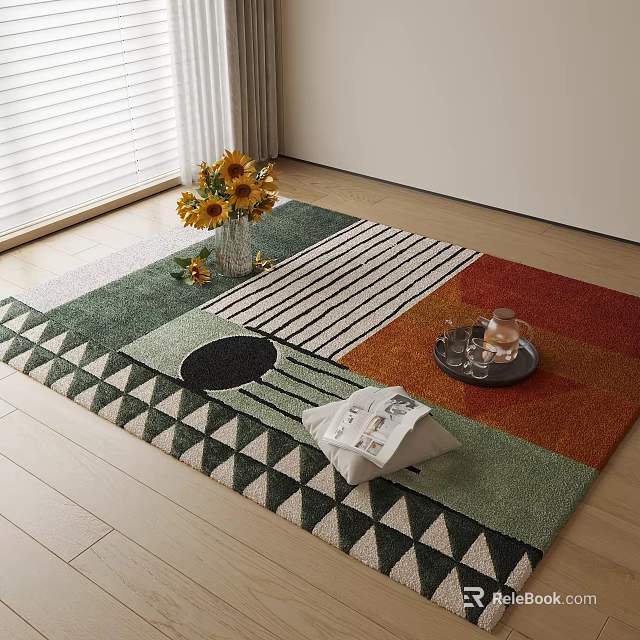 Modern Square Rug with Geometric Patterns Colorful Design on Wooden Floor and Sunflower Bouquet 3d model 
