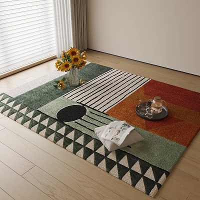 Modern Square Rug with Geometric Patterns Colorful Design on Wooden Floor and Sunflower Bouquet 3d model