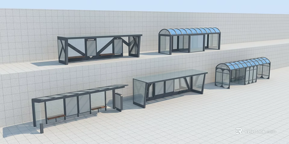 Modern Bus Shelters With Glass Metal Structure And Curved Roof On Tile Floor 3d model 