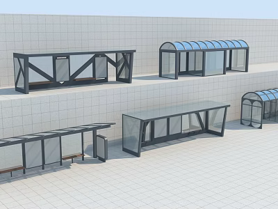 Modern Bus Shelters With Glass Metal Structure And Curved Roof On Tile Floor 3d model