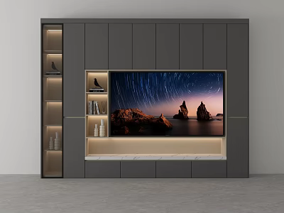 Modern Gray TV Cabinet With LED Lighting Storage Shelves And Starry Sky Screen 3d model