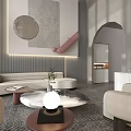 Modern Living Room Interior With Large Windows Blinds Gray Sofa Round Armchairs And Coffee Table