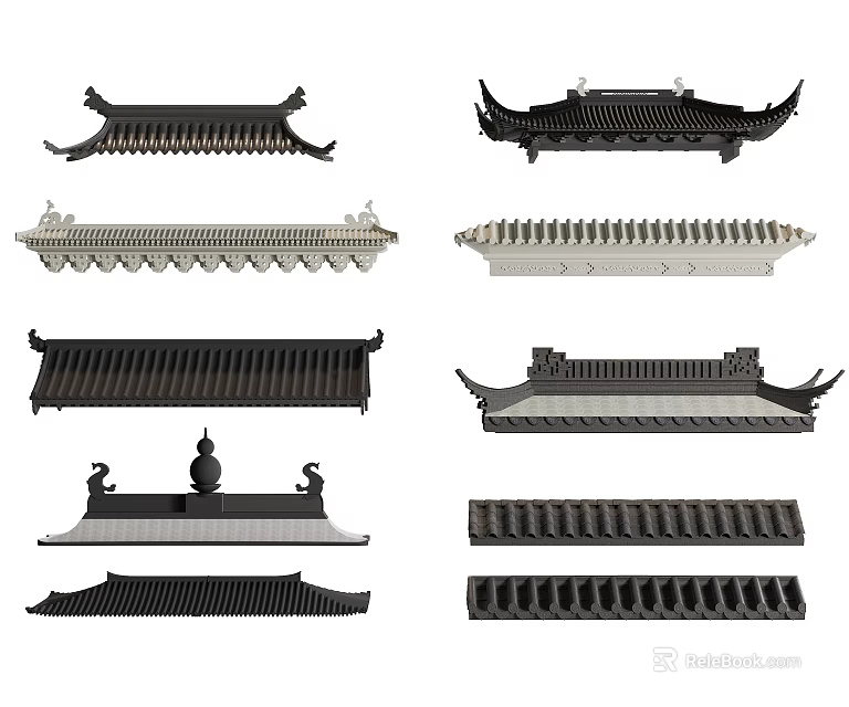 Traditional Chinese Architectural Roof Components Including Eave Structures And Tile Designs 3d model