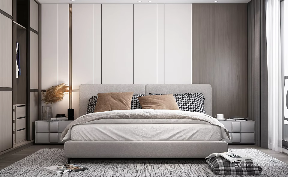 Modern Double Bed White Panel Headboard with Brown Checkered Pillows Nightstands Table Lamp Patterned Rug 3d model