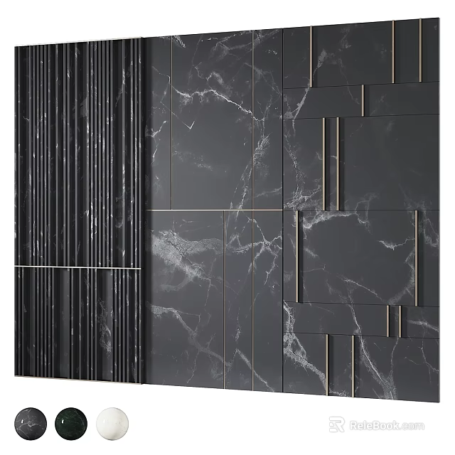 Modern Black Wall Design With Marble Texture And Metal Stripes Accents 3d model 