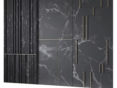 Modern Black Wall Design With Marble Texture And Metal Stripes Accents 3d model