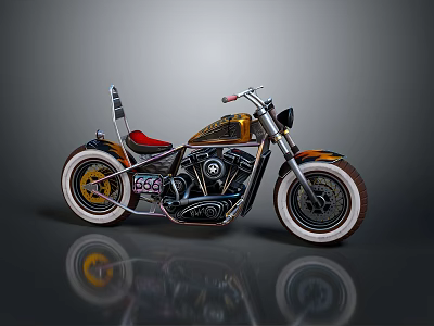 Custom Stylish Motorcycle With Red Seat Gold Black Body And White Rims 3d model
