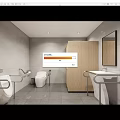Public Restroom Interior With White Toilet Grab Bars Wooden Stall Gray Tiles Sink And Mirror