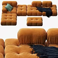 Multi Seater Sofa in Pink and Orange Velvet with Tufted Design Throw Blanket and Cushion