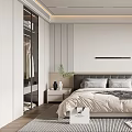 Modern Minimalist Bedroom Interior With Bed Nightstand Bookshelf Rug And Wardrobe