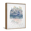 Two Framed Landscape Paintings With Blue Gray Cityscapes Buildings Boats And Colorful Bicycles