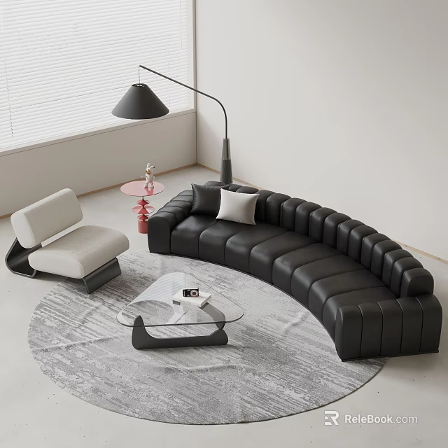 Modern Black Curved Sofa Coffee Table Set With Glass Top And Accent Chair Rug 3d model 