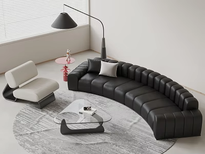 Modern Black Curved Sofa Coffee Table Set With Glass Top And Accent Chair Rug 3d model