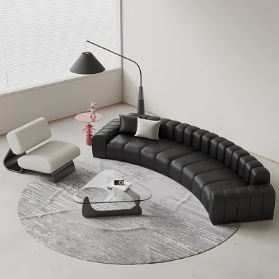 Modern Black Curved Sofa Coffee Table Set With Glass Top And Accent Chair Rug 3d model