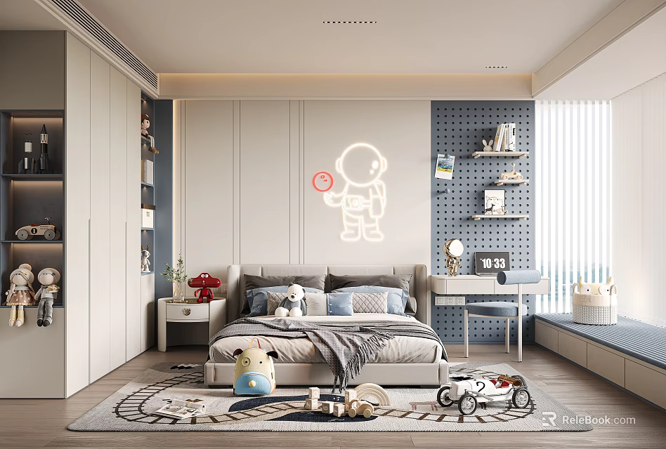 Modern Kids Bedroom Design With Toys Astronaut Light And Storage 3d model