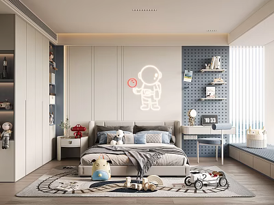 Modern Kids Bedroom Design With Toys Astronaut Light And Storage 3d model