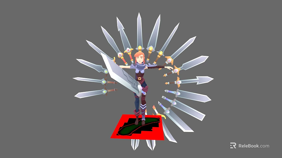 Multiple Radiating Swords Surrounding Armored Character Holding Sword With Golden Decoration On Red Platform 3d model 