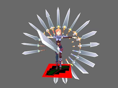 Multiple Radiating Swords Surrounding Armored Character Holding Sword With Golden Decoration On Red Platform 3d model