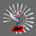 Multiple Radiating Swords Surrounding Armored Character Holding Sword With Golden Decoration On Red Platform