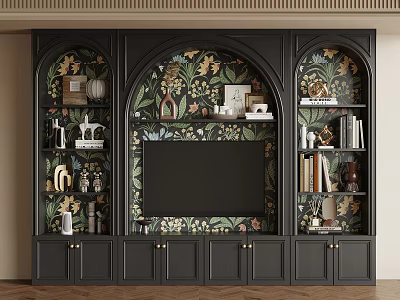 Elegant Dark Arched TV Cabinet With Floral Pattern And Decorative Items 3d model