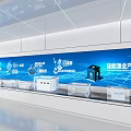 Modern Tech Exhibition Hall with Blue Background Device Icons Smart Products and Display Counters