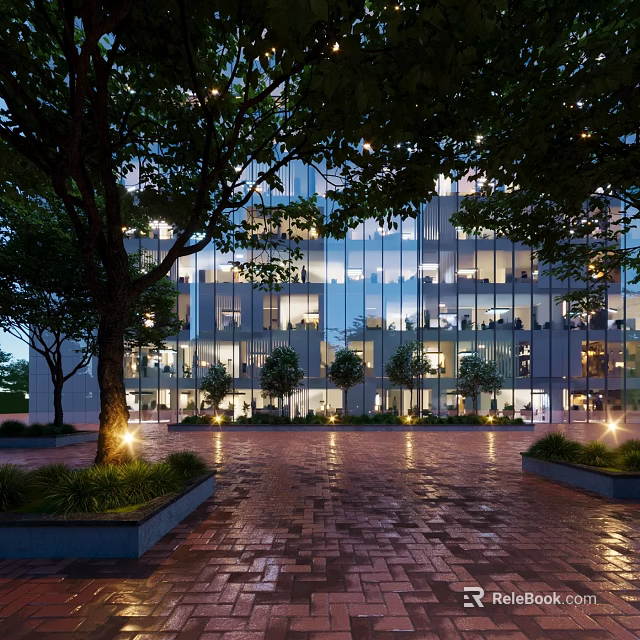Modern Office Building With Glass Facade And Lit Windows In Tree Surrounded Plaza 3d model 
