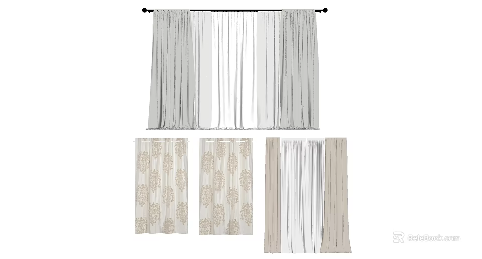 Various Curtain Styles with Patterned and Solid Designs in Neutral Tones 3d model 