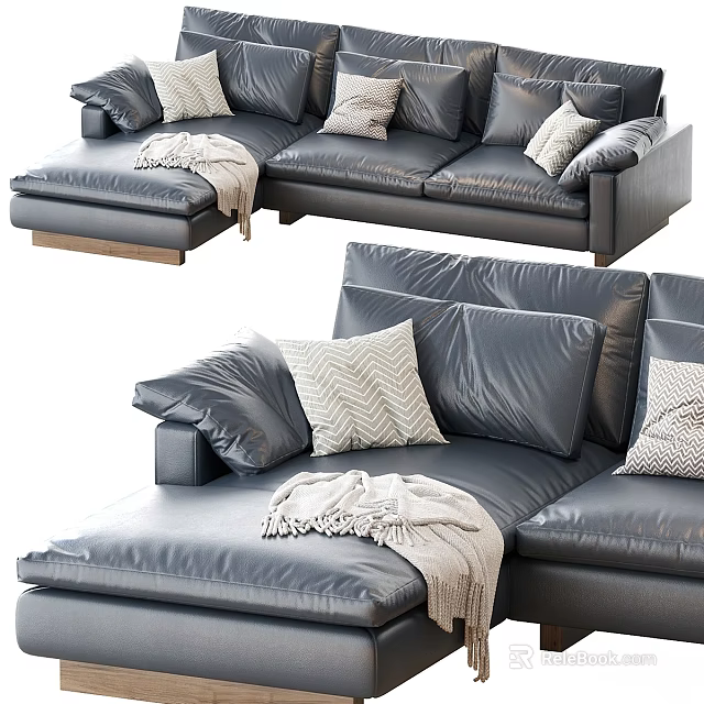 Modern Gray Leather Sectional Sofa With Decorative Pillows And Throw Blanket 3d model