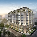 Modern Multi Story Office Building Exterior With Large Glass Windows Illuminated Facade And Surrounding Trees
