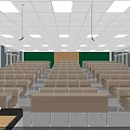 Spacious Classroom Interior With Wooden Desks Green Blackboard Blue Screen And White Ceiling Lights