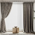 Modern Floor Length Gray Brown Checkered Curtains With Sheer Panel Wooden Table And Plant