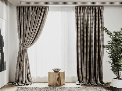 Modern Floor Length Gray Brown Checkered Curtains With Sheer Panel Wooden Table And Plant 3d model