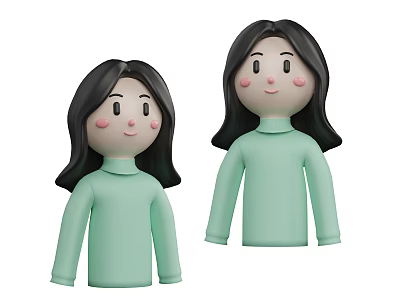 Cute Cartoon Female Game Movie Characters In Green Turtleneck With Long Black Hair 3d model