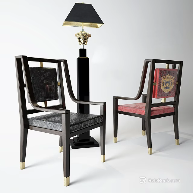 Two Accent Chairs with Dark Wooden Frame Gold Accents Gray Woven and Red Upholstered Seats 3d model 