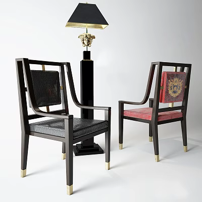 Two Accent Chairs with Dark Wooden Frame Gold Accents Gray Woven and Red Upholstered Seats 3d model