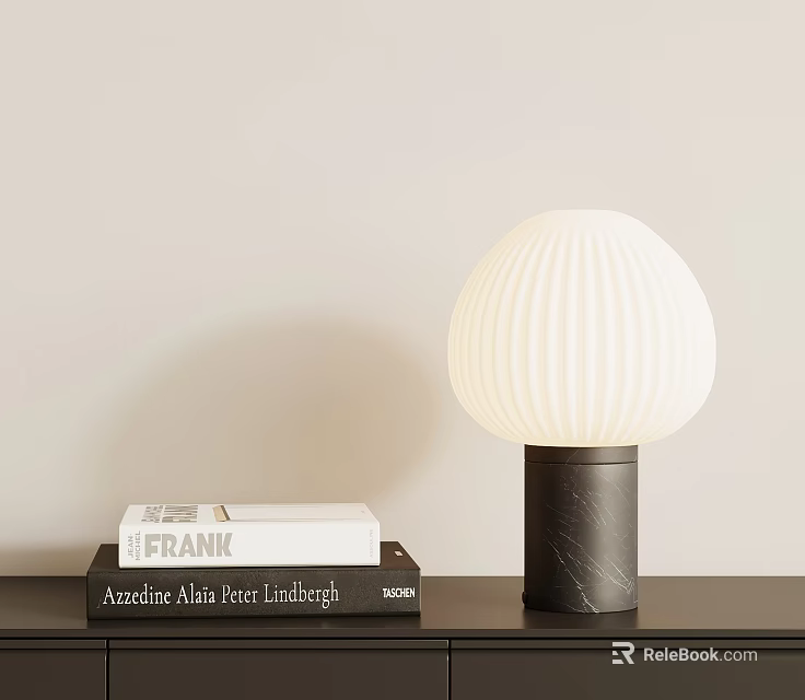 White Pleated Shade Table Lamp with Black Base Beside Books on Desk 3d model 