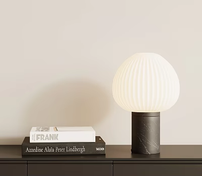 White Pleated Shade Table Lamp with Black Base Beside Books on Desk 3d model