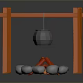 Traditional Outdoor Cooking Setup With Orange Wooden Frame Hanging Pot Gray Stones And Red Flames