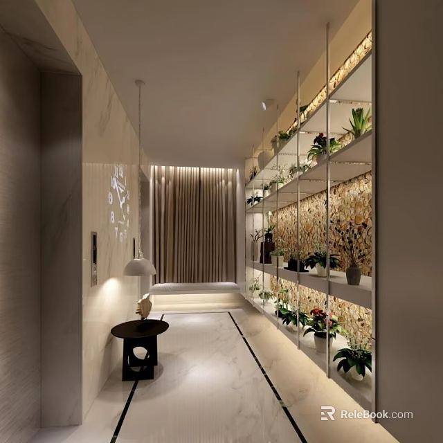 Modern Elevator Lobby Design With Potted Plants Lighting And Wall Decor 3d model 