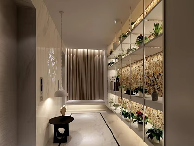 Modern Elevator Lobby Design With Potted Plants Lighting And Wall Decor 3d model