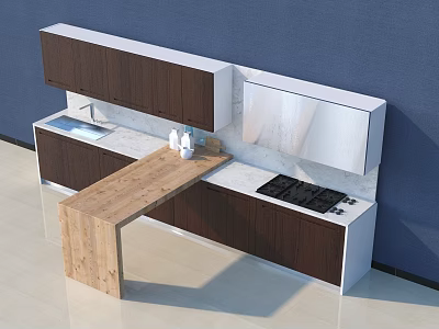 Contemporary Kitchen Cabinets Featuring Wooden Countertop Stove Sink And Wall Mirror 3d model