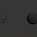 Dark Geometric Polyhedron And Sphere With Metallic Texture On Gray Background