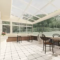 Elegant Dessert Shop Interior With Chandelier Table Chairs Open Doors Terrace And Wooden Floor
